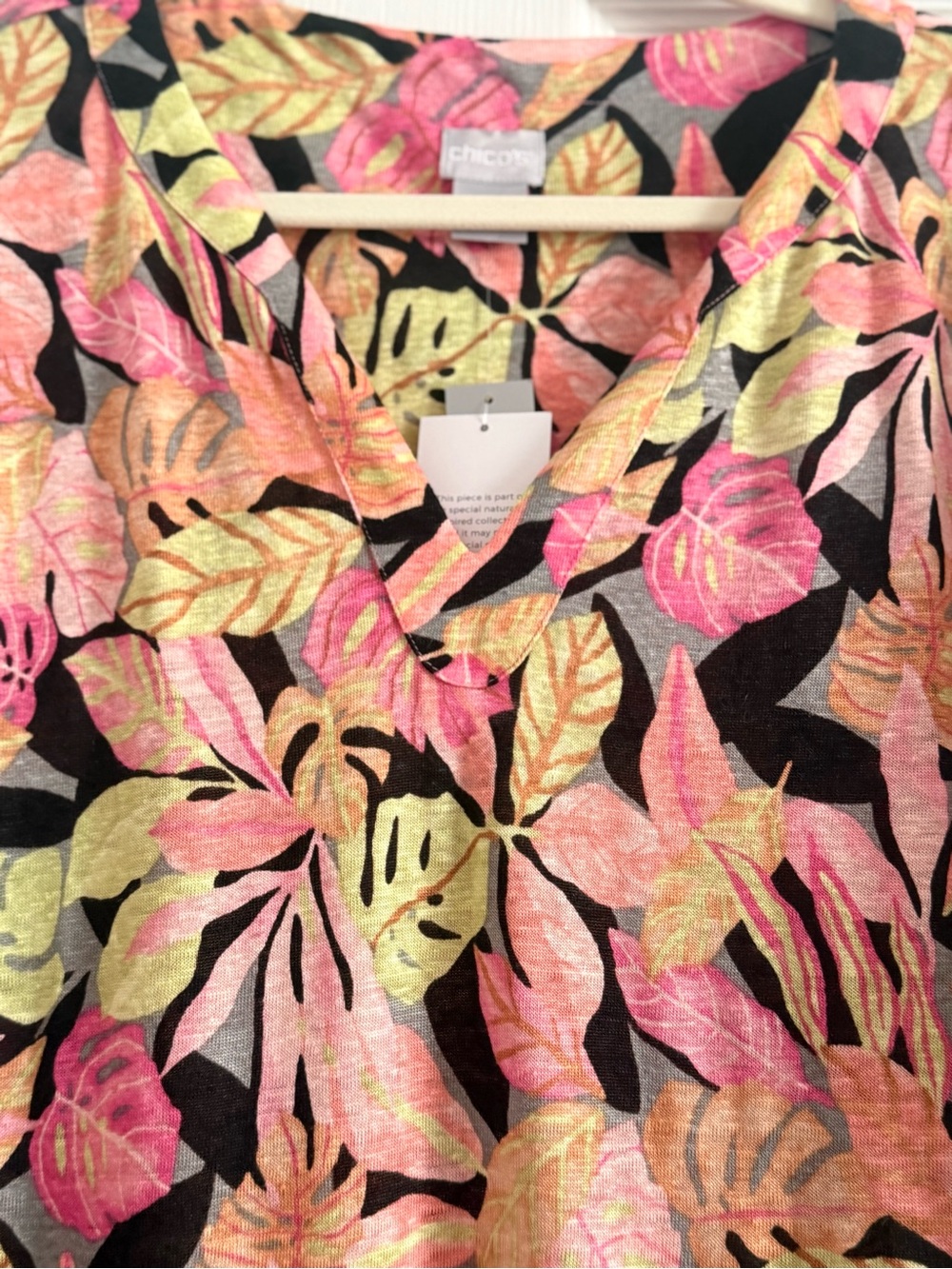 Chico’s Linen Floral V-Neck 3/4 Sleeve Top in Multi Pink XL - Picture 8 of 11